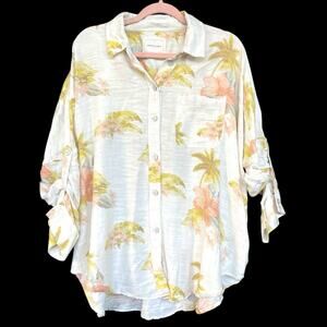 American Eagle Womens Button Up Blouse Small Floral Tropical Roll‎ Tab Sleeve